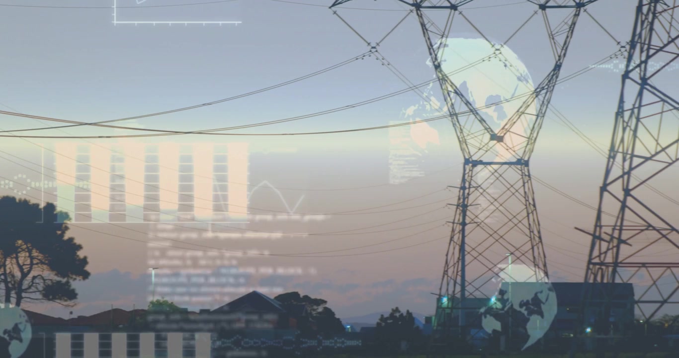 Camera panning right, towers entering while HUD charts and globe icons visualizing energy grid