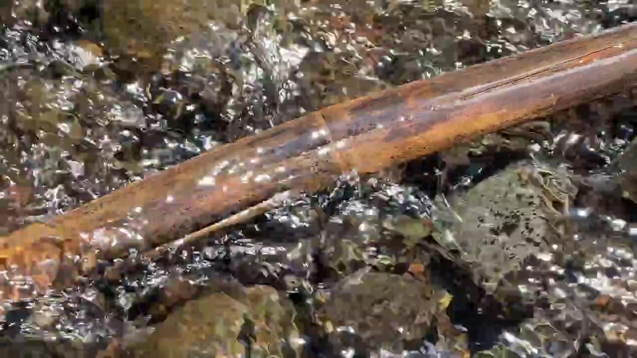 Acqua limpida che scorre sopra un palo di bambù in un ruscello
