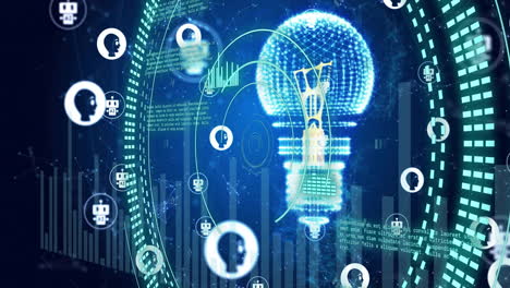 digital brain and light bulb animation over data processing and network connections