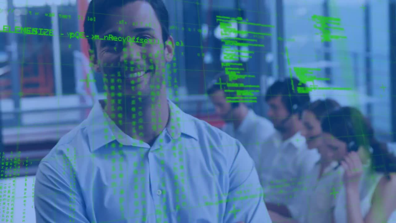 animación del procesamiento de datos, empresario caucásico y diversas personas de negocios que usan auriculares telefónicos