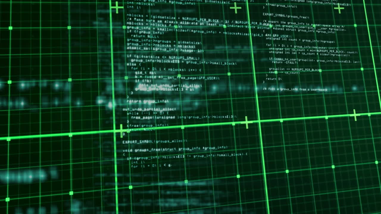Animation of grid pattern and plus signs over computer language against abstract background