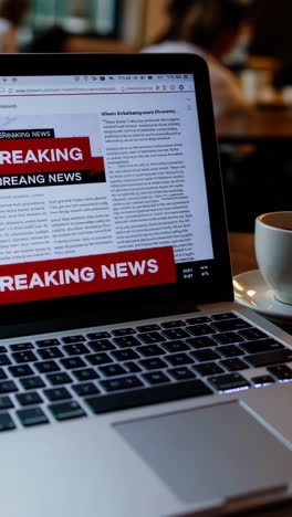 laptop in a cafe, focused on business work and reading news