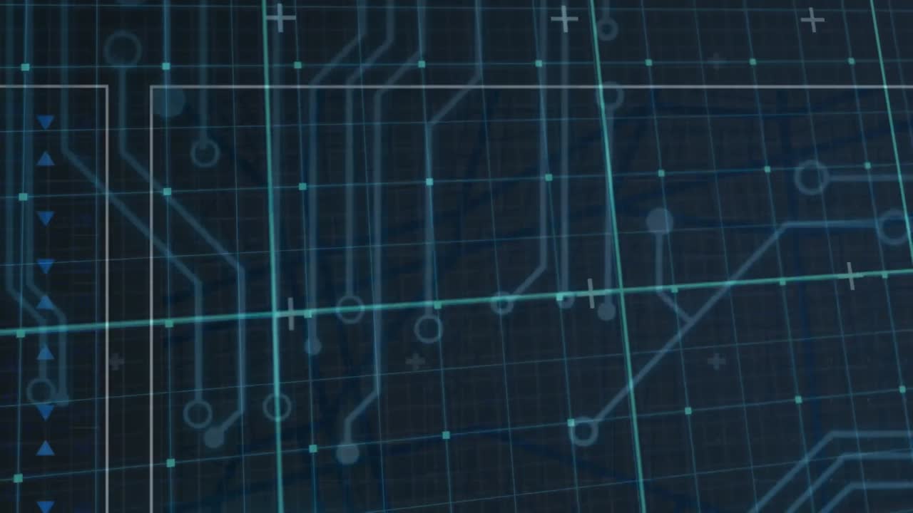 Animation of computer circuit board and data processing over grid on black background