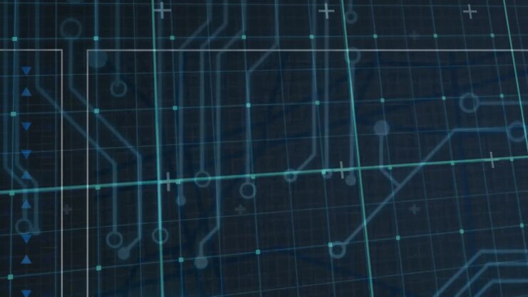 Animation of computer circuit board and data processing over grid on black background
