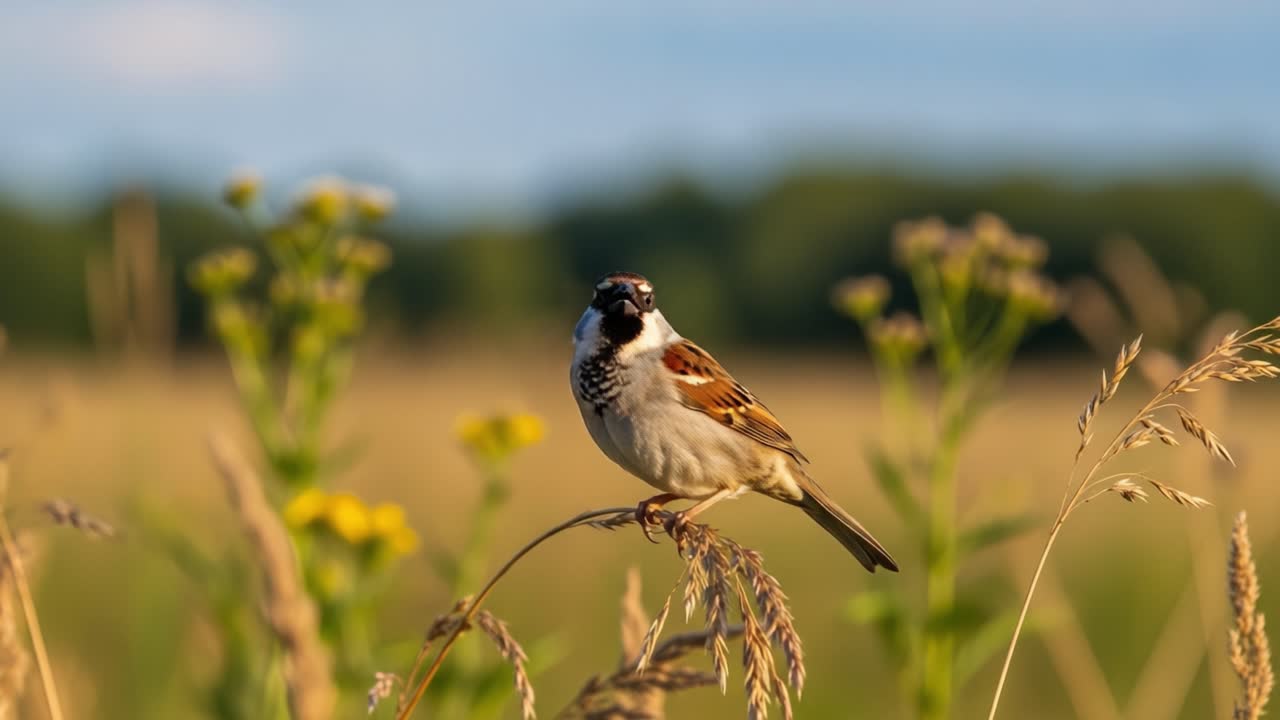 A beautifully captured sparrow perched gracefully on a stalk amidst vibrant wildflowers, showcasing the serene essence of nature in a tranquil meadow setting
