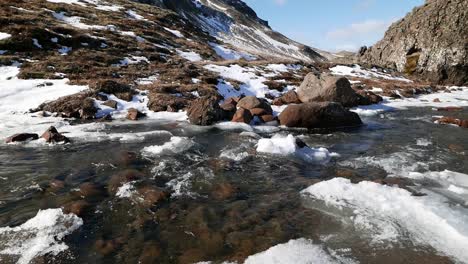 a clear river flowing over snow and ice covered rocks in early spring