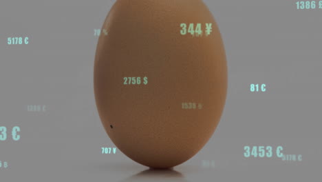 brown egg standing upright receiving floating turquoise currency symbols and numbers in 3d render