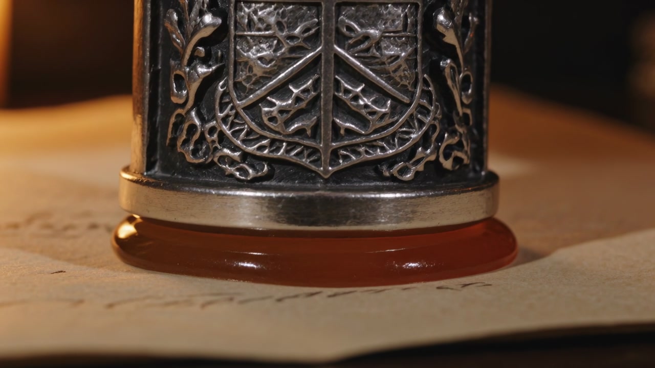 Descending ornate seal pressing into amber wax on parchment at desk, forming heraldic crest