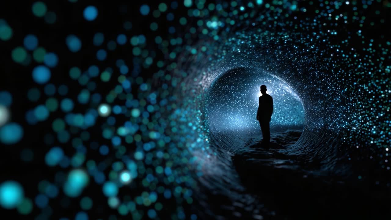 Una figura solitaria si erge in un tunnel ipnotico pieno di luci scintillanti, a rappresentare il viaggio attraverso l'universo dell'immaginazione e della creatività.