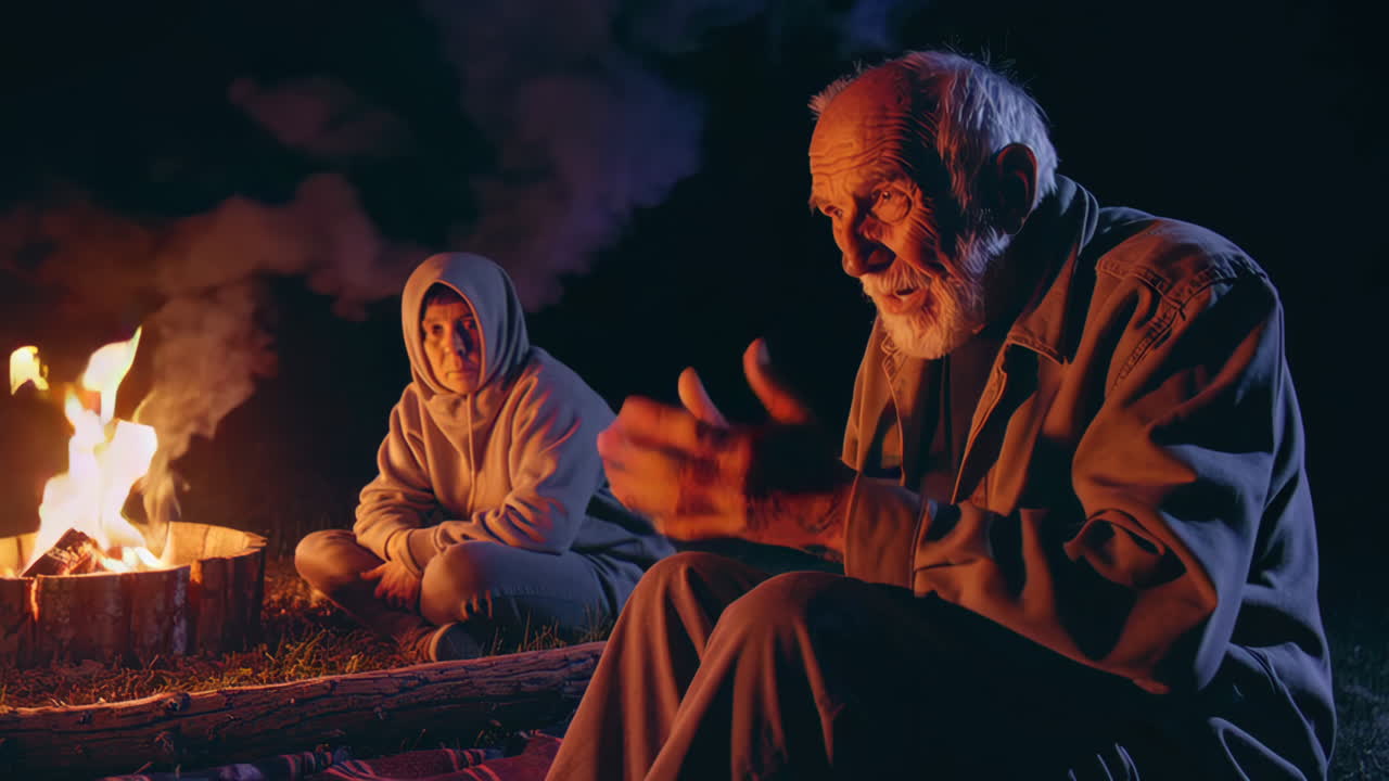 Senior and Teenager by Campfire at Night