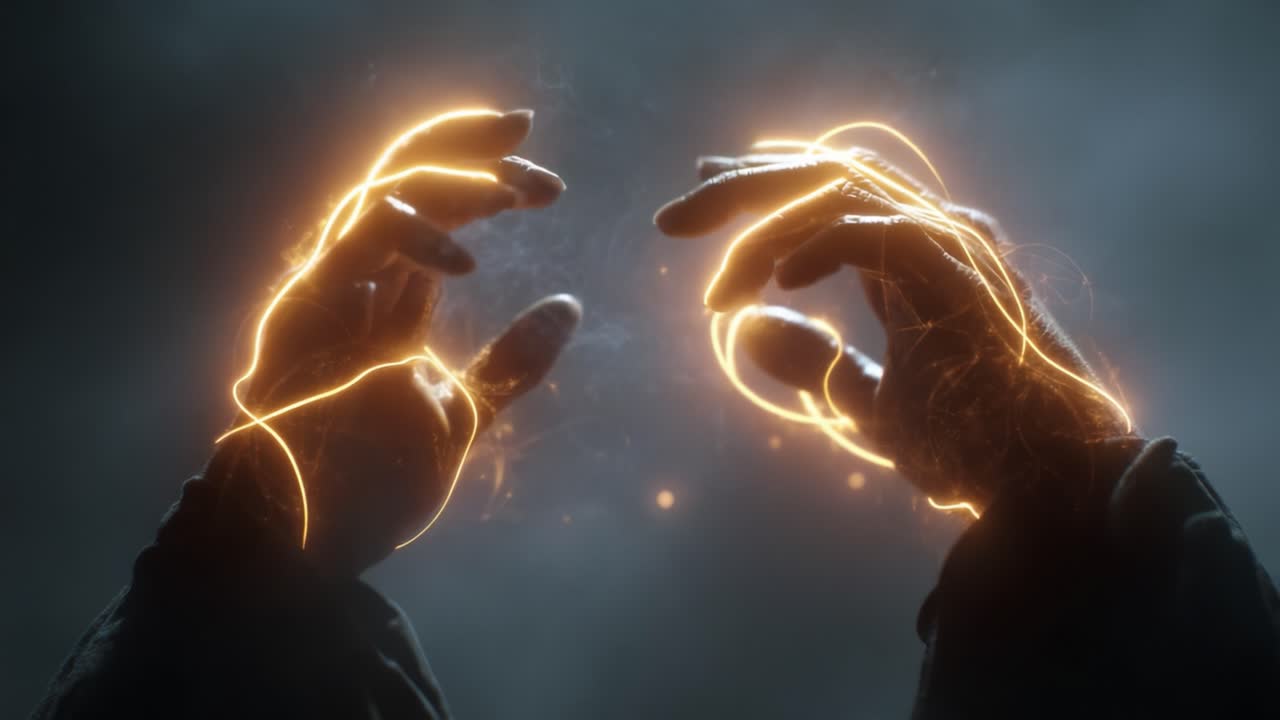 A mesmerizing display of luminous energy flows between two hands, showcasing the power of magic or electricity, illuminating the surrounding atmosphere with sparks and vibrant light against a smoky backdrop