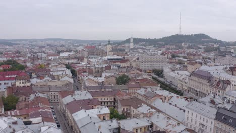 Aerial-Drone-Footage-of-European-City-Lviv,-Ukraine,-Flight-Above-Popular-Ancient-Part-of-Old-Town