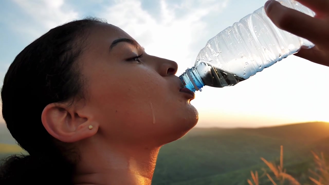 Giovane donna che beve acqua da una bottiglia dopo l'allenamento al tramonto