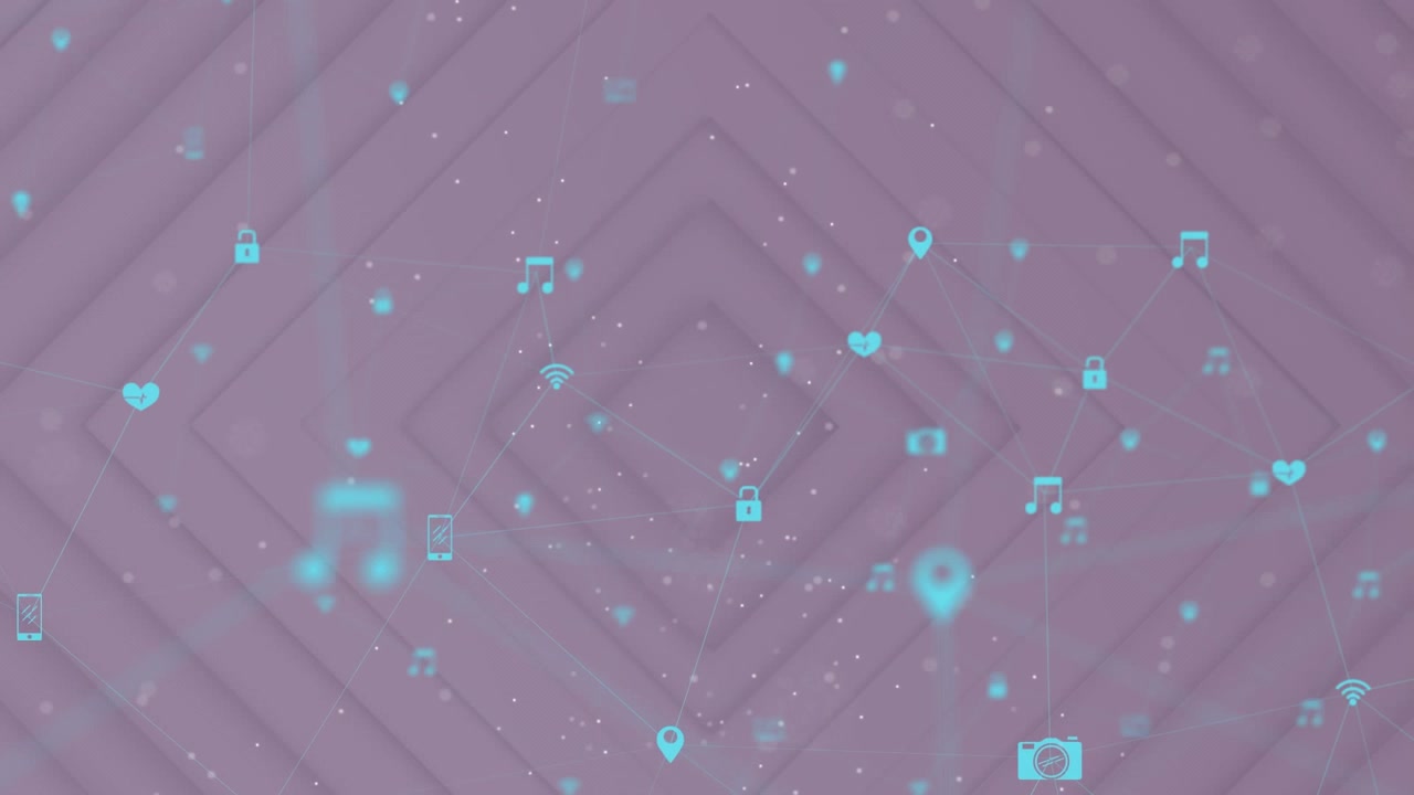 Animação de ícones de computador conectados por linhas sobre losangos roxos no fundo.