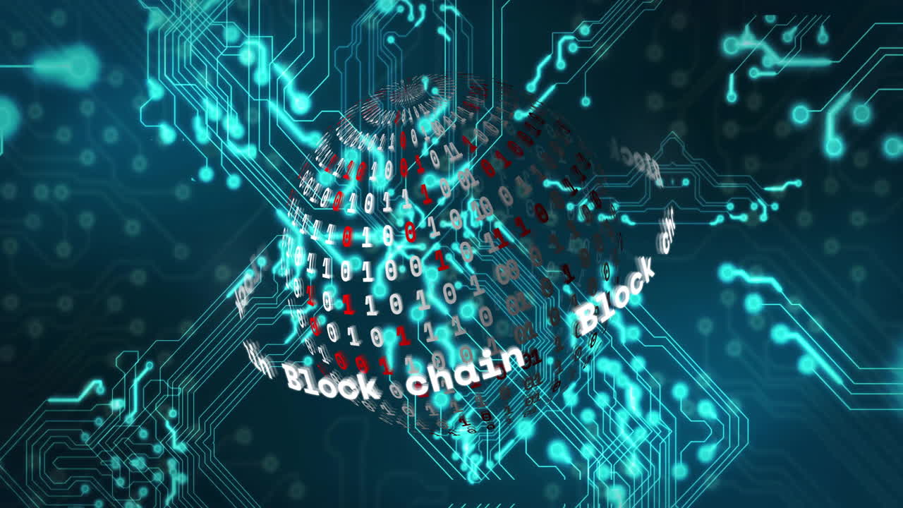 Blockchain and data processing animation over digital circuit board background