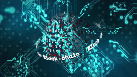 blockchain and data processing animation over digital circuit board background