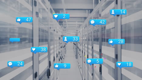 animación de iconos de redes sociales y senderos de luz contra la sala del servidor de la computadora.