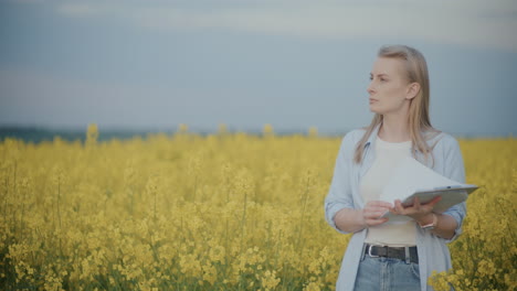 agronomist with documents against flowering plants in farm