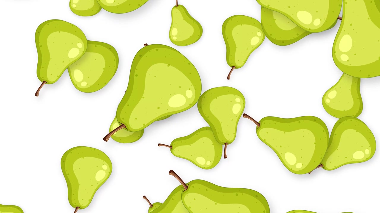 Ilustración gráfica de muchas peras verdes cayendo verticalmente sobre un fondo blanco con sombras suaves