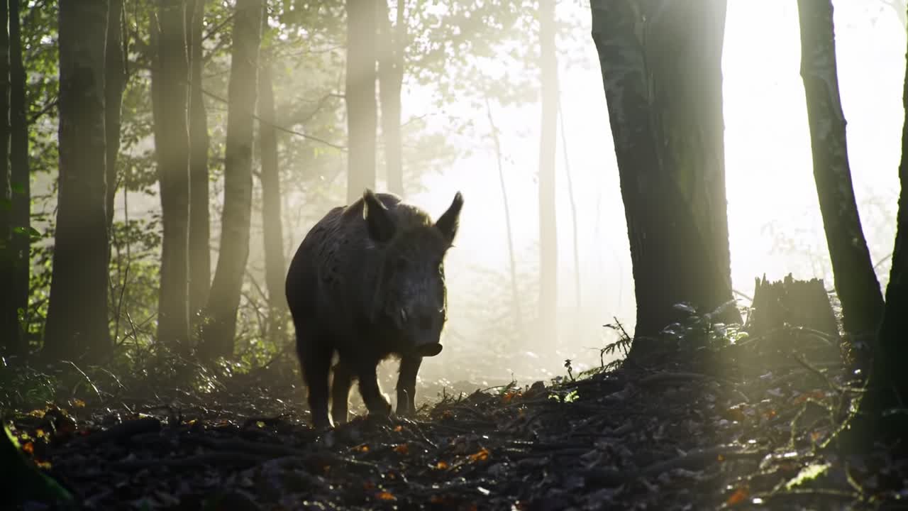 Un cinghiale solitario si muove lungo un sentiero nebbioso nella foresta, circondato da alberi imponenti e dalla luce eterea che filtra attraverso la nebbia in un sereno ambiente naturale