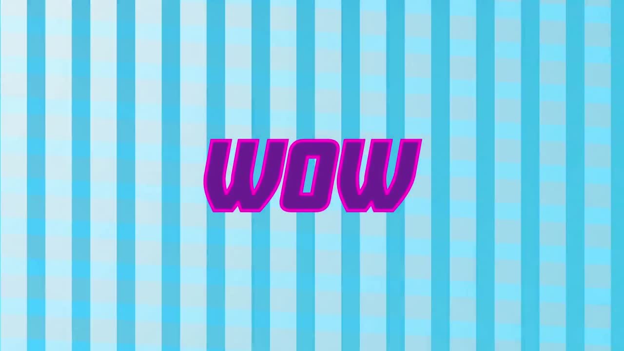 animación digital de texto púrpura wow contra contra rayas en fondo azul