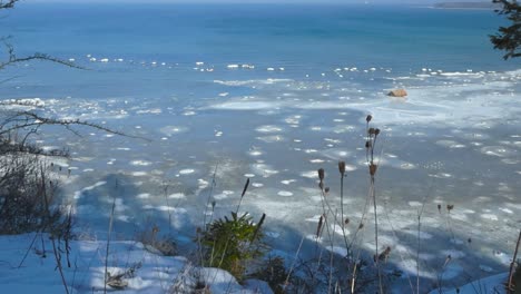 footage of frozen baltic blue sea water with large chunks and pieces of ice and rock in it viewed from tabasalu cliff bank during a sunny day in winter. tall grass and some twigs in the foreground.