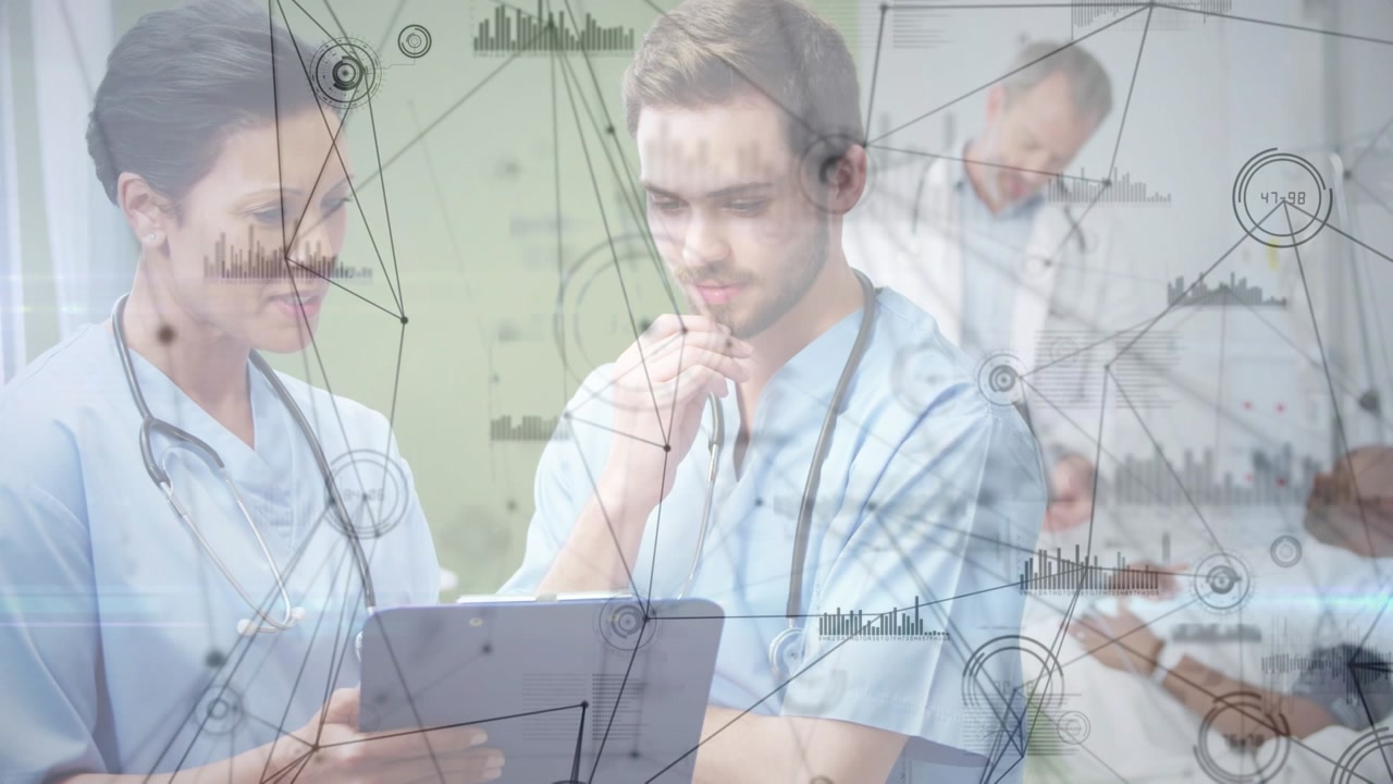 Animatie van een netwerk van verbindingen over diverse artsen die een tablet gebruiken