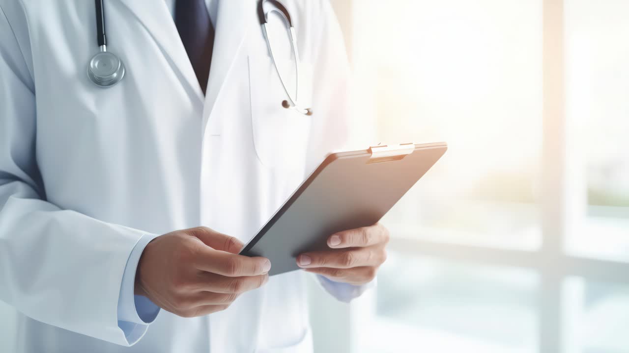 A close-up, eye-level shot of a doctor holding a tablet, symbolizing modern healthcare technology