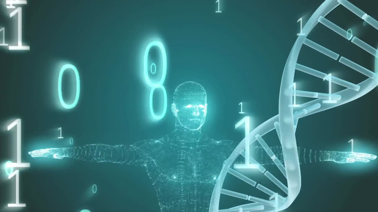 Animazione di un prototipo di uomo circondato da DNA e big data
