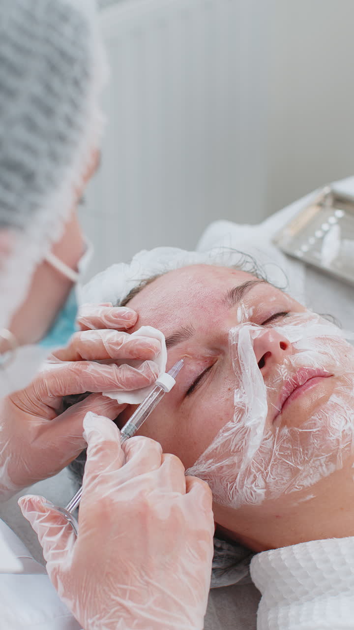 Cosmetologo esegue iniezioni di bellezza anti-età su giovane donna: biorivitalizzazione, mesoterapia viso e occhi