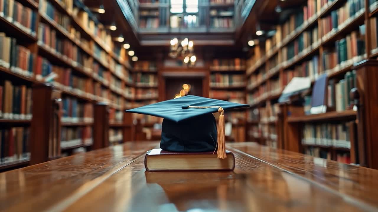 Graduation cap on a book in a library