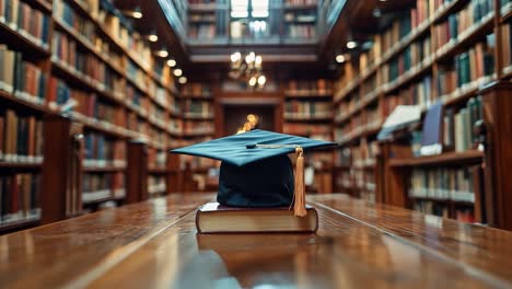 graduation cap on a book in a library