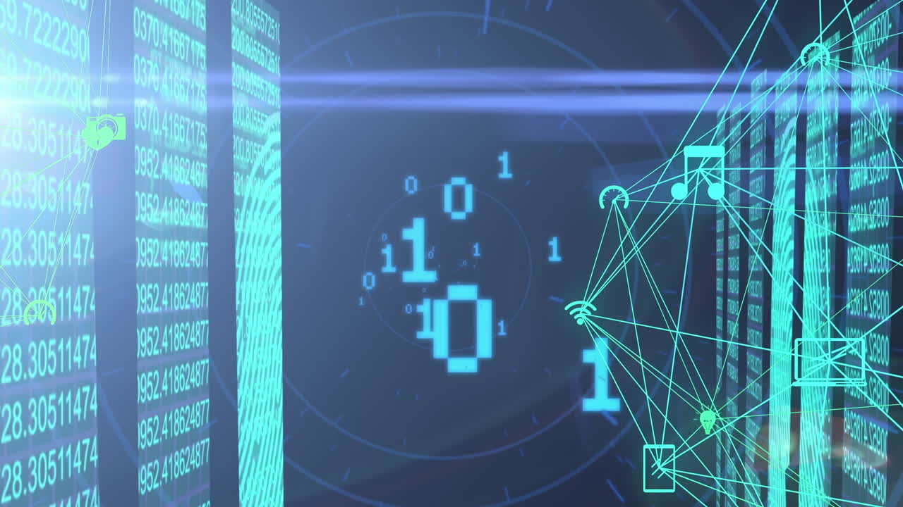 Animation of binary codes zooming on data processing with icon connecting dots on digital interface