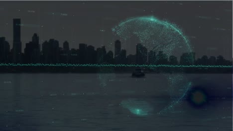 Animation-of-data-processing-and-globe-over-cityscape