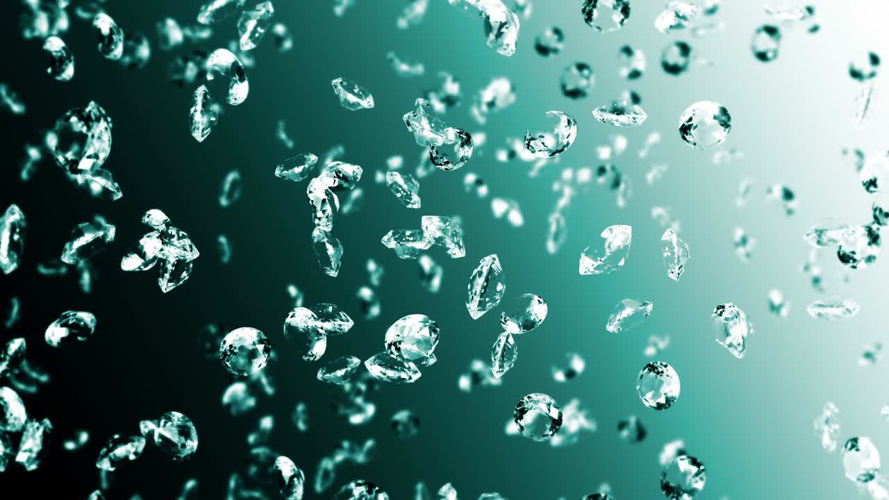 에메랄드 녹색 바탕에 많은 보석 다이아몬드를 날아. 투명하고 귀중한 보석을 빛니다. 화려한 다이애몬드 회전의 3d 애니메이션. 루프 애니메이션.