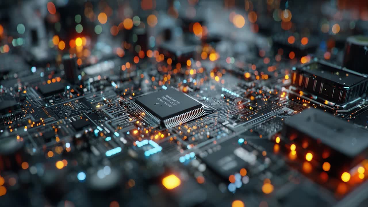 A Close-Up View of a Highly Detailed Circuit Board with Glowing Lights and Microchips, Demonstrating the Complexity of Modern Electronics Technology
