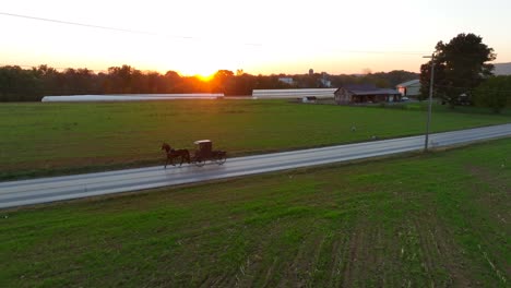 amish mennonite 馬匹和馬車在日落時的鄉村遊覽中