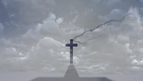 under cloudy sky with lightning, cross casting shadow in dramatic scene