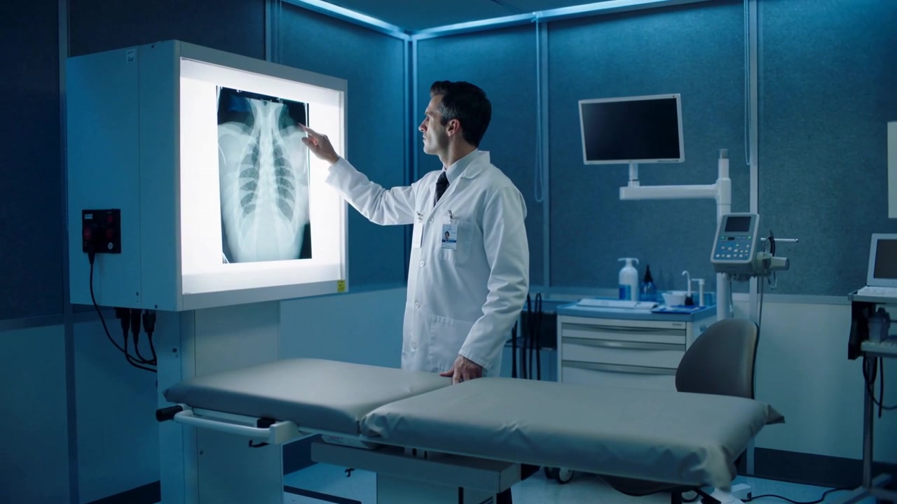 Pointing clinician in white coat reviewing chest X-ray in exam room, lightbox drawing attention