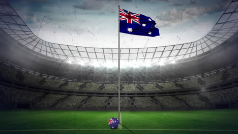 networking of connections floating over waving australia flag against sports stadium in background