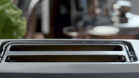 hand removing toasted bread from kitchen toaster for breakfast