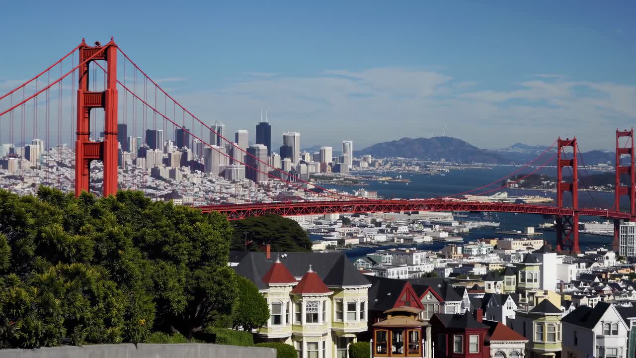 Video still of San Francisco's iconic Golden Gate Bridge from a low angle, capturing a cable car
