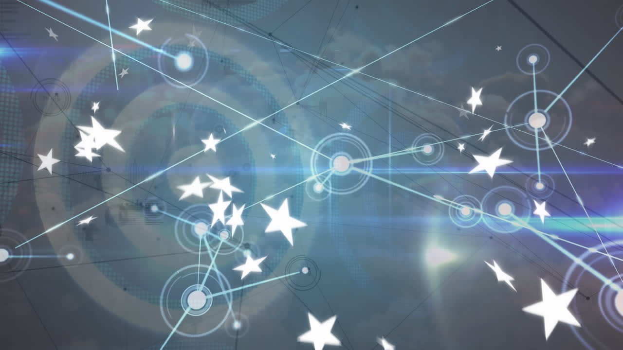 구름 위의 별과 배경의 하늘을 가진 연결 네트워크의 애니메이션