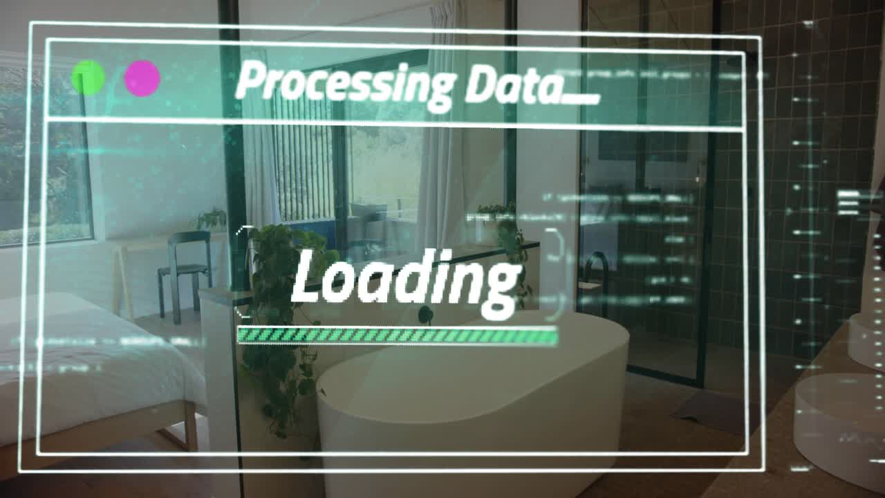 Bedroom and bath interior being scanned after flash, loading progress advancing to process data