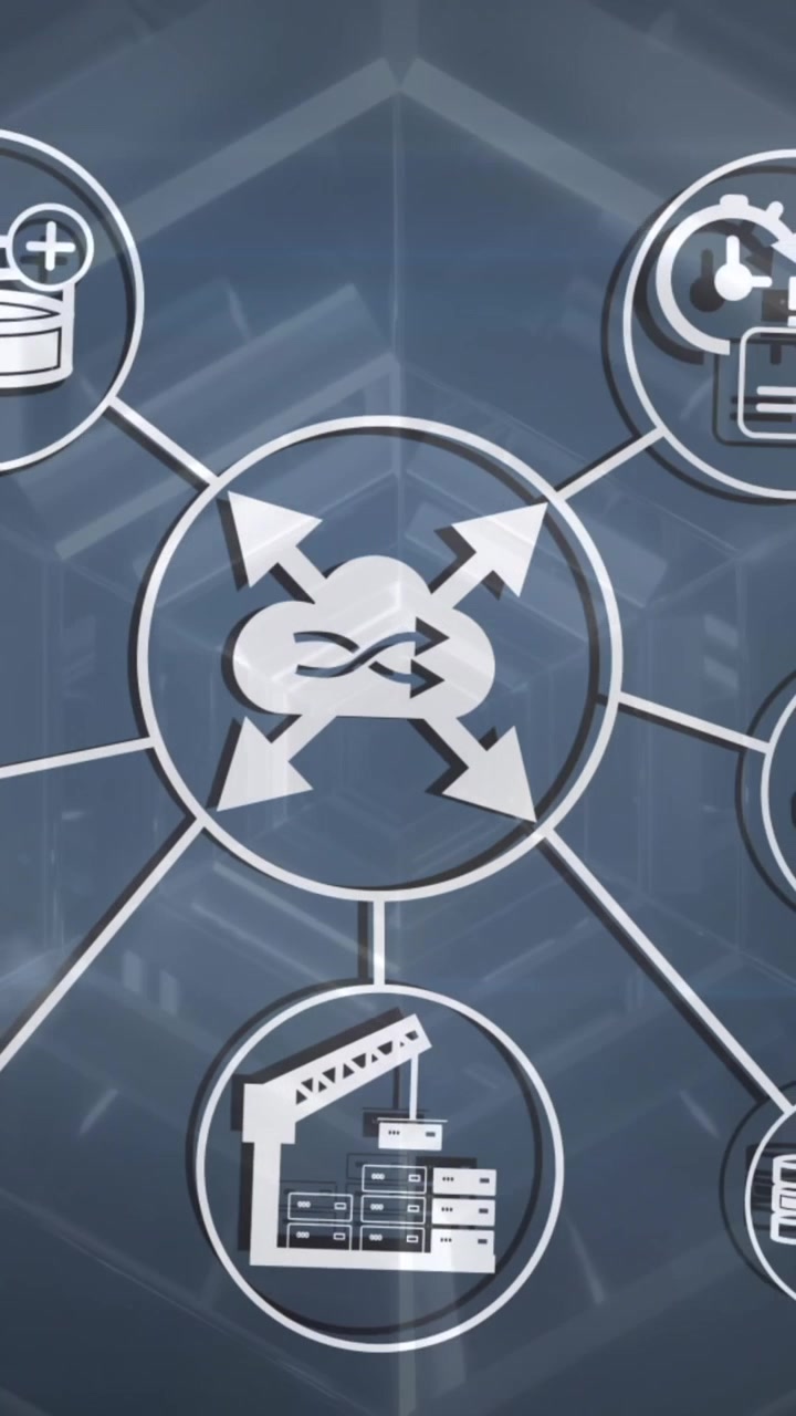 Animation of multiple icons in circles connected with lines moving in tunnel