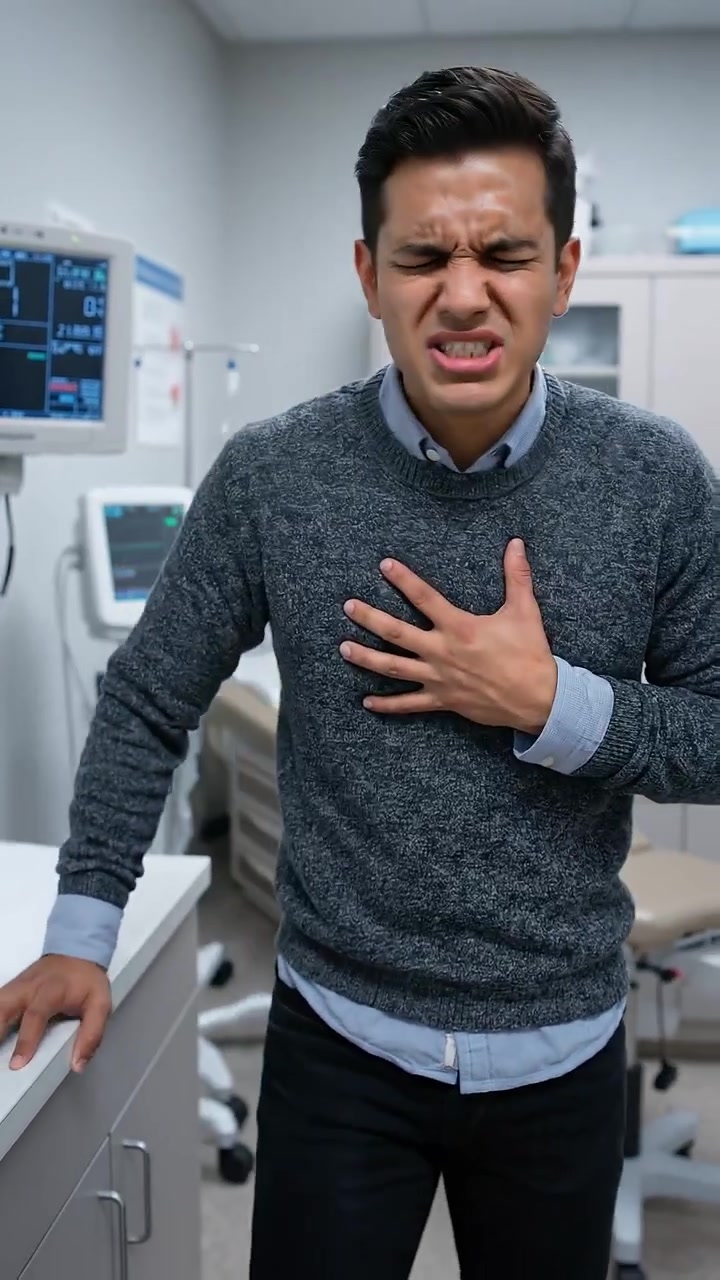 Man Experiencing Sudden Chest Pain in Hospital Examination Room