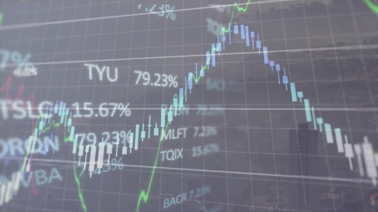 市街の風景に重ねて表示される、金融グラフとデータの動画