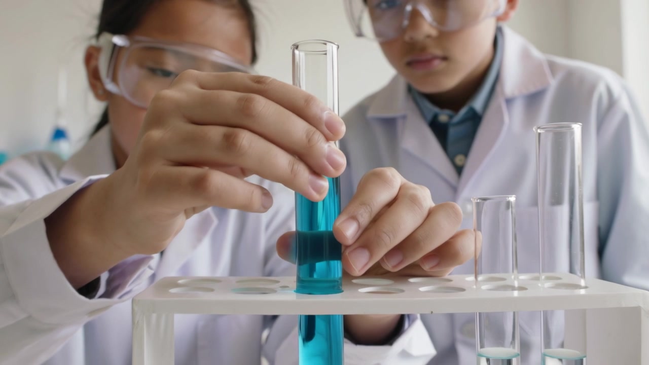 Starting experiment, students in lab coats and goggles placing test tube into rack at school bench