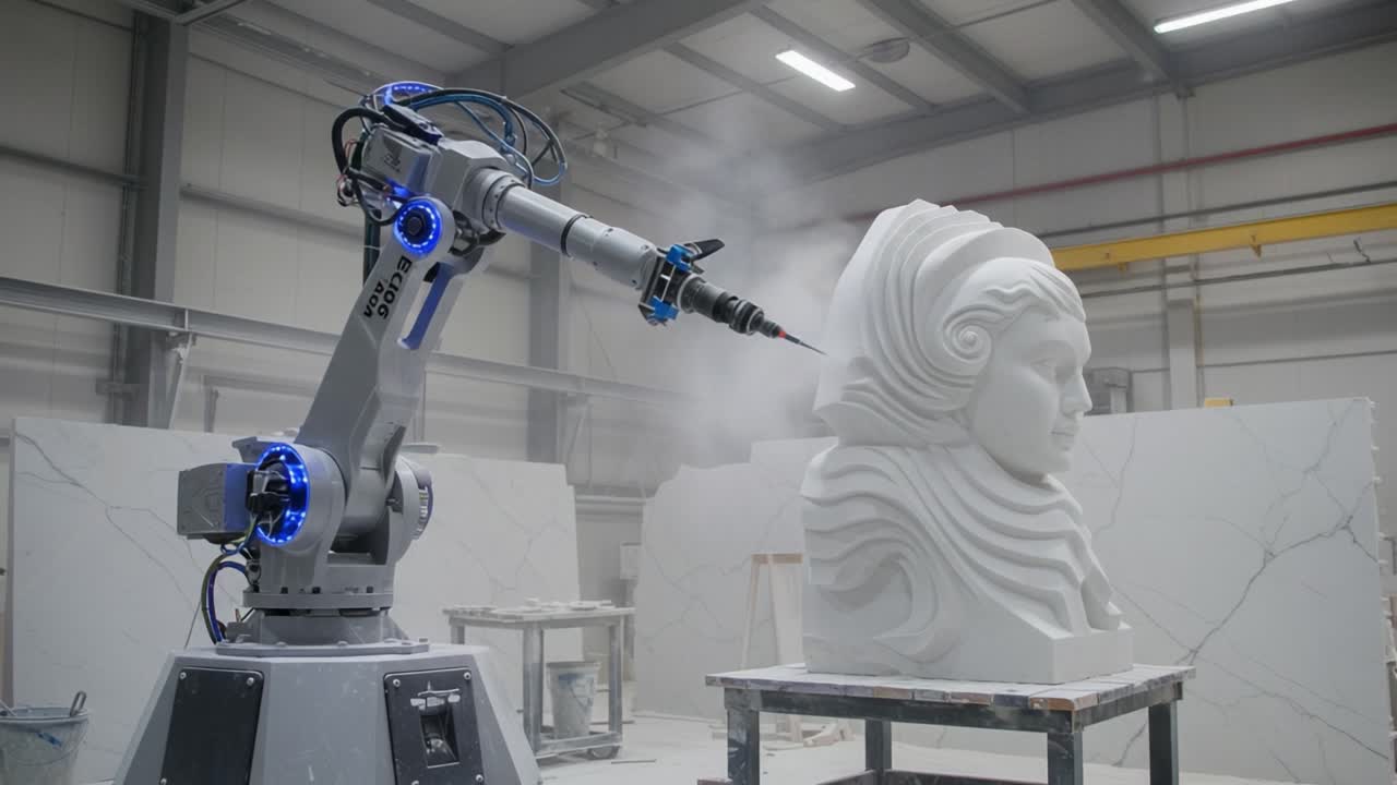 Advanced Robotic Sculpting: A High-Tech Robot Artist Creates Intricate Marble Designs with Precision in a Modern Workshop Environment