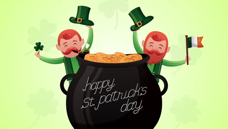 st patricks day animated card with elfs and treasure cauldron